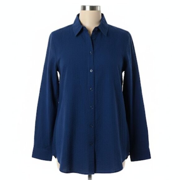 NWOT Joan Rivers Seersucker Button Front Shirt Navy Solid L - Picture 2 of 10